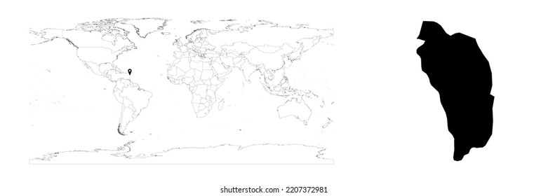 Vector Dominica map showing country location on world map and solid map for Dominica on white background. File is suitable for digital editing and prints of all sizes.