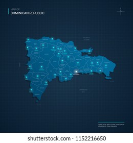 Vector Dominican Republic map illustration with blue neon lightpoints - triangle on dark blue gradient background. Administrative divisions, cities, borders, capital. Neon tech background with glow. 