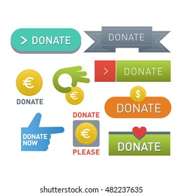 Vector donate concept hand and money set of buttons in flat style