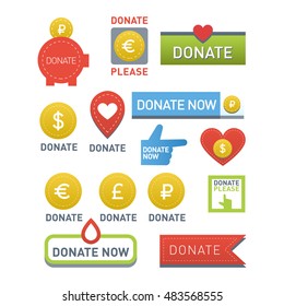 Vector donate concept hand and money set of buttons in flat style