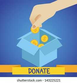 Vector donate concept - hand putting coins in the box