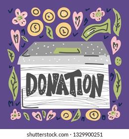 Vector Donation box concept in flat style. Donate lettering with coin and other decoration. Poster with charity symbols.