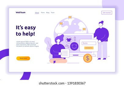 Vector donation service banner with big people, heart, earth, volunteering women