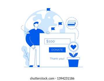 Vector donation service banner with big people, heart, earth, volunteering man