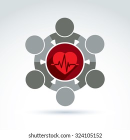 Vector donation symbol, charity association icon. Illustration of red loving heart with an ecg placed in circle, heartbeat. Concept of assistance and volunteer.