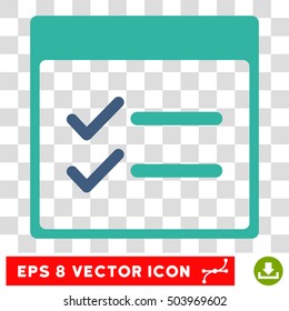 Vector Done Items Calendar Page EPS vector pictogram. Illustration style is flat iconic bicolor cobalt and cyan symbol on a transparent background.