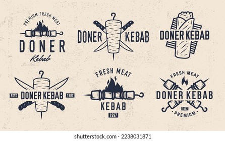 Vector Doner Kebab logo set. 6 Vintage Kebab, Shashlik, Shawarma emblems. Kebab, barbecue, restaurant labels, badges, posters. Shashlik Logo template.