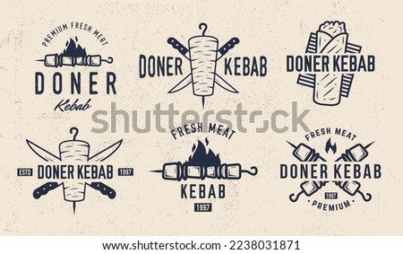 Vector Doner Kebab logo set. 6 Vintage Kebab, Shashlik, Shawarma emblems. Kebab, barbecue, restaurant labels, badges, posters. Shashlik Logo template.