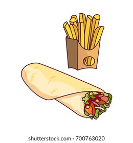 Vector doner kebab, potato fry set. Fast food flat cartoon isolated illustration on a white background. Roll shawarma with fresh vegetables and french fries in paper box