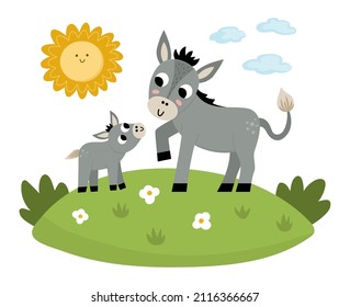 Vector burro con bebé en un césped bajo el sol. Cuta caricatura de la imagen de la familia para los niños. Animales de granja con fondo natural. Colorida foto plana de madre y bebé para niños
