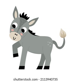 Icono de burro vector. Cuta ilustración de burro de dibujos animados para los niños. Animales de granja aislados con fondo blanco. Colorida imagen plana de ganado para niños
