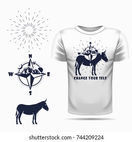 Vector donkey silhouette view side for retro logos, emblems, badges, labels template vintage design element. Isolated on t-shirt blank