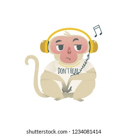 Vector dont hear metaphor monkey sitting in big headphones. Cartoon ape animal for moral design. Funny primate animal, chimpanzee sitting listening to music, isolated illustration