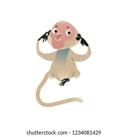 Vector dont hear metaphor monkey pluging her ears ears by hands. Cartoon ape animal for moral design. Funny primate animal, chimpanzee sitting covering ears, isolated illustration