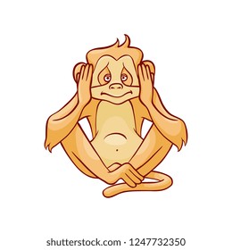 Vector dont hear metaphor monkey pluging her ears ears by hands. Sketch ape animal for moral design. Funny primate animal, chimpanzee sitting covering ears, isolated illustration