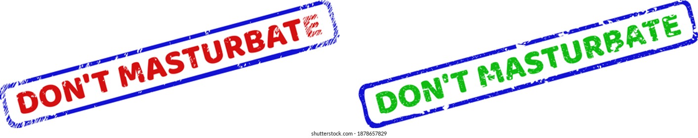 Vector DON'T MASTURBATE framed rubber imitations with scratched surface. Rough bicolor rectangle seals. Red, blue, green colors used.