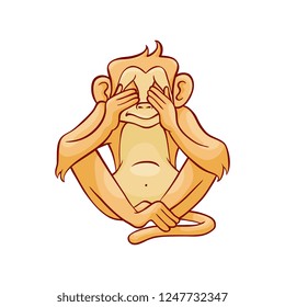 Vector dont see metaphor monkey covering her eyes by hands. Sketch ape animal for moral design. Funny primate animal, see no evil chimpanzee, isolated illustration
