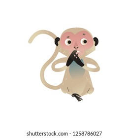 Vector dont speak metaphor monkey covering her mouth by hands. Cartoon ape animal for moral design. Funny primate animal, speak no evil chimpanzee , isolated illustration