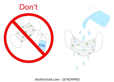Vector - No utilice alcohol para mascarilla quirúrgica. Destruye la máscara. No se puede proteger la saliva o el virus. Concepto de salud.
