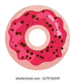 Vector donut. Baking with chocolate sprinkles and pink icing. Donut with hole. View from above