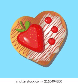 Vector donut with berry filling on an isolated blue background. Cupcake with strawberries and white sugar icing. Fruit cake for confectionery menu