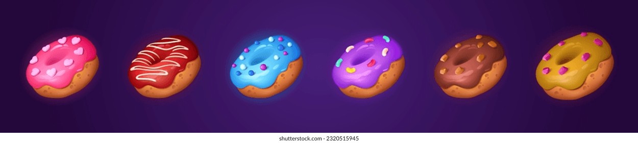 Ilustración del icono de la caricatura de la tarta de donut vectora. Postre de rosquero con chocolate y hielo para el cumpleaños o el desayuno. Alegre panadería de masa dulce glaseada con dibujos de caramelo y crema.