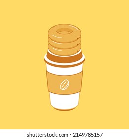 Vector donut and coffee cup. Vector template coffee-cup with donut. Donut and coffee isolated. Sweet donut and coffee logo. Dessert