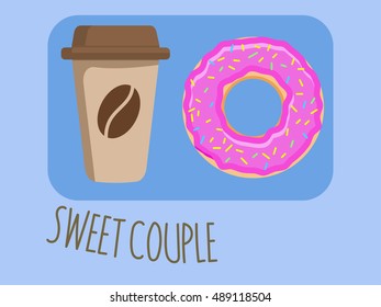 Vector donut and coffee.  Donut and coffee isolated.