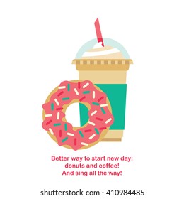 Vector donut and coffee. Vector template coffee-cup with donut. Donut and coffee isolated.