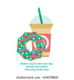 Vector donut and coffee. Vector template coffee-cup with donut. Vector cartoon coffee and donut. Coffee to go with donut. Donut coffee vector. Donut isolated, dessert menu. Donuts shop. Donut icon. 