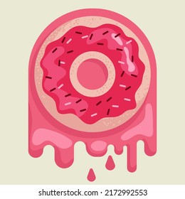 Vector donut. Cute cartoon donut with chocolate sprinkles and colorful icing. Donut with hole in middle. Dripping glaze background. Illustration for coffee shop and bakery. Childish cute character