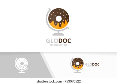 Vector donut and globe logo combination. Doughnut planet symbol or icon. Unique bakery logotype design template.