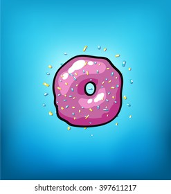 vector donut icon with pink cream and colored sprinkles on a blue background