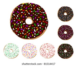 Vector donut illustration doughnut icon set with multiple color versions with colorful chocolate icing designs and fun pink, purple, blue and other color donuts isolated on a white background