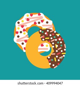 Vector donut illustration. Vector donut icon. Donuts isolated. Deserts food in a flat style. Sweet donuts with frosting and caramel topping. Donuts icons. 