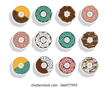 Vector donut illustration. Donut isolated on a white background.  Deserts food in a flat style. Set of sweet donuts with frosting and caramel topping. Donuts icons. Donut isolated.