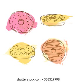 Vector donut illustration. Set of 4 hand drawn donuts with colorful watercolor splashes. Sweet pastry doodle collection.