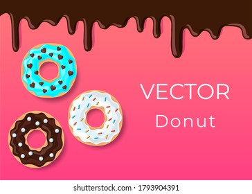 Vector donut illustration,melting chocolate on pink background, copy space illustration for your text, assortment doughnut with shadow on pink orange backdrop