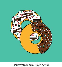 Vector donut isolated on a bright background. Donuts fast food restaurant. Deserts food in a flat style. Sweet donuts with frosting and caramel topping. Sweets donuts vector food icons.