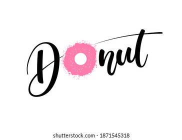 Vector Donut logo, handwritten lettering, black word with a round insert of pink glaze with multi-colored sprinkles.