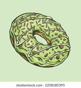 Vector donut with matcha glaze and chocolate sprinkles, suitable for use as a design element, menu, packaging, advertising or restaurant decoration.