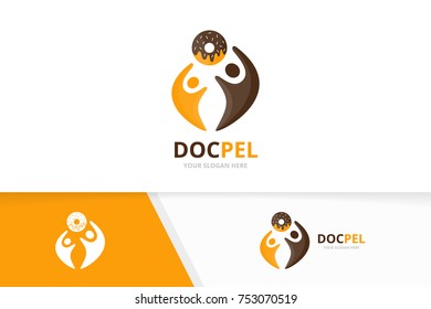 Vector donut and people logo combination. Doughnut and family symbol or icon. Unique bakery and union, help, connect, team logotype design template.