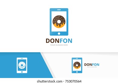 Vector donut and phone logo combination. Doughnut and mobile symbol or icon. Unique bakery and device logotype design template.