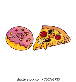 Vektorillustration Donut mit rosafarbenem Glaseis und Sprinklen, Pizzaschnitt. Flacher Cartoon einzeln auf weißem Hintergrund. Süßes, leckeres Dessert, Snack, Fast Food
