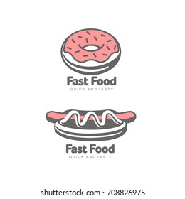 Vector donut with pink glaze icing and sprinkles hot dog set simple icon flat cartoon isolated illustration on a white background. Sweet delicious dessert food, snack