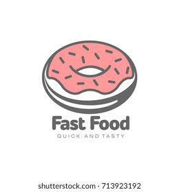 Vector donut with pink glaze icing and sprinkles flat cartoon isolated illustration on a white background. Sweet delicious dessert food, snack