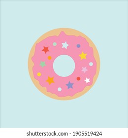 Vector donut with pink glaze and sprinkles, sweet and delicious cute pastry. Vector clip art printable and digital use.