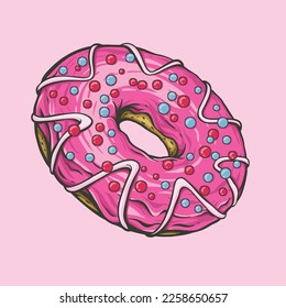 Vector donut with pink strawberry glaze and sprinkles, suitable for use as a design element, menu, packaging, advertising or restaurant decoration.