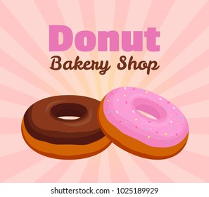 Vector donut poster, banner with pink glaze, chocolate pastry for advertising of bakery shop. Made in cartoon flat style. Illustration for promotion, sales, discounts