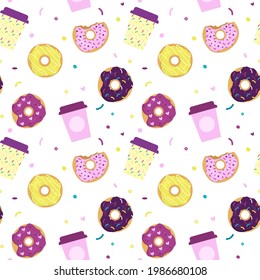 Vector donut seamless pattern glazed with colorful sugar and topped with sprinkles. Tasty fried dough confectionery.